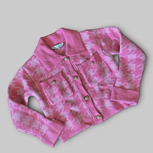 Anthropologie English Factory Houndstooth Cropped Cardigan Sweater Pink XS
